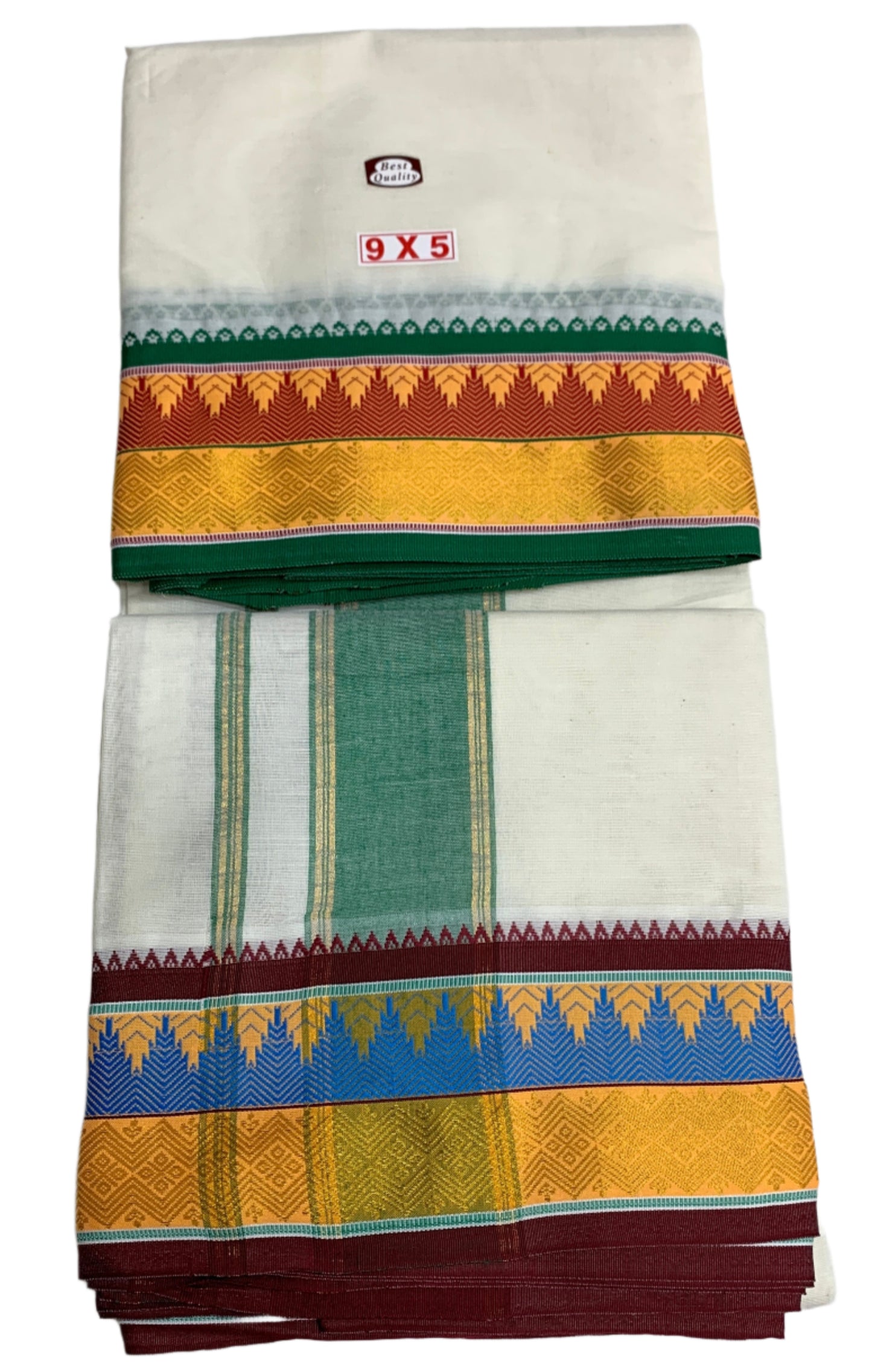 9X5 Cotton Unbleached Dhoti with Angavastram with Maroon and Yellow Border