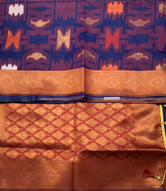 Pochampalli Semi Silk Saree Blue Colour with Maroon Border