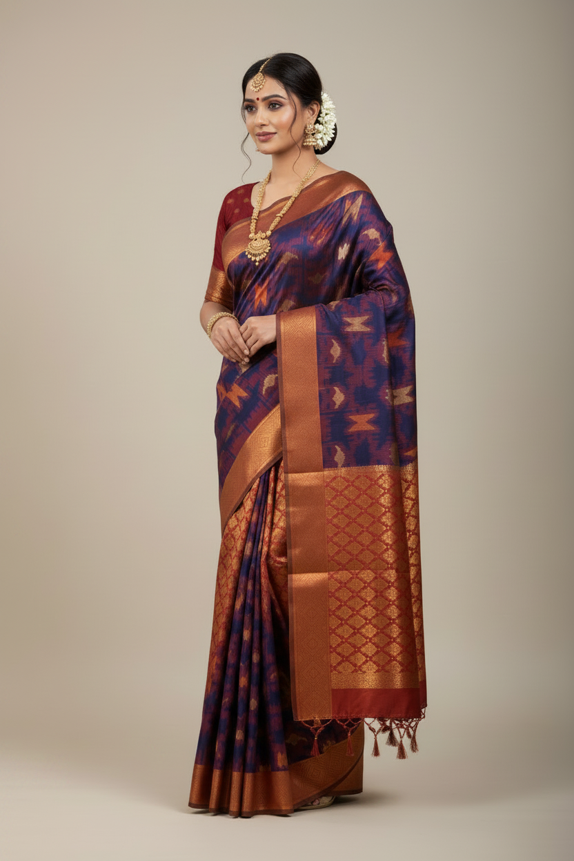 Pochampalli Semi Silk Saree Blue Colour with Maroon Border