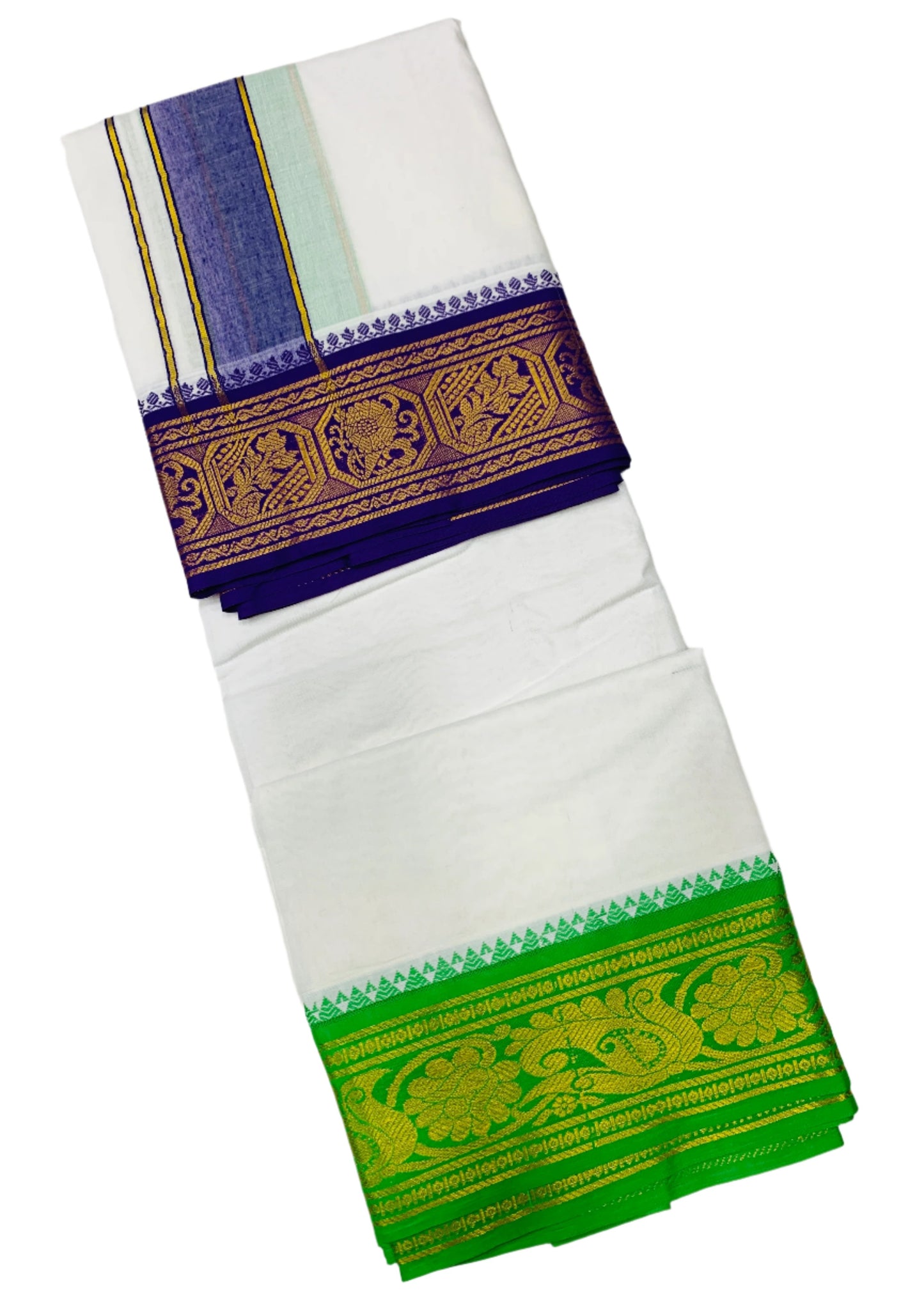 9X5 Cotton Dhoti White Colour with Blue and Light Green Border