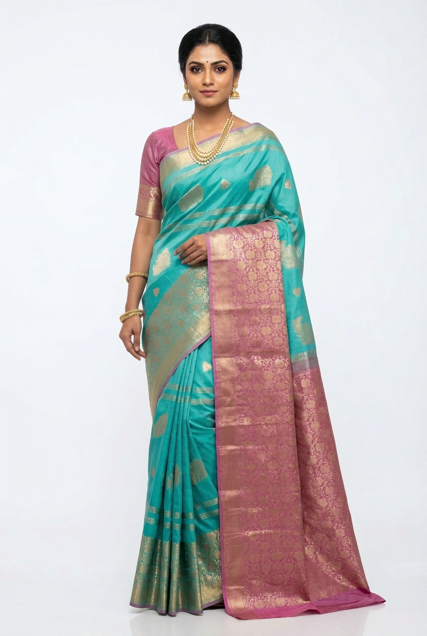 Art Silk Saree Sapphire Colour with Sliver Zari Border