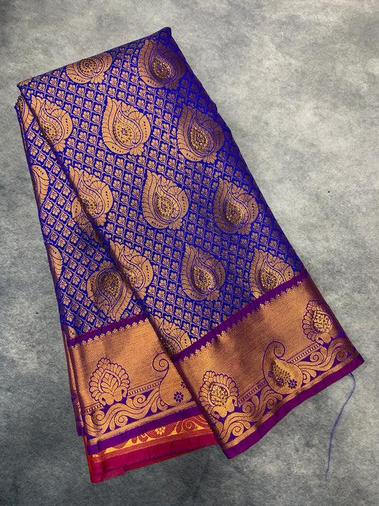 Vegan Silk Saree Blue Colour with Copper and Magenta