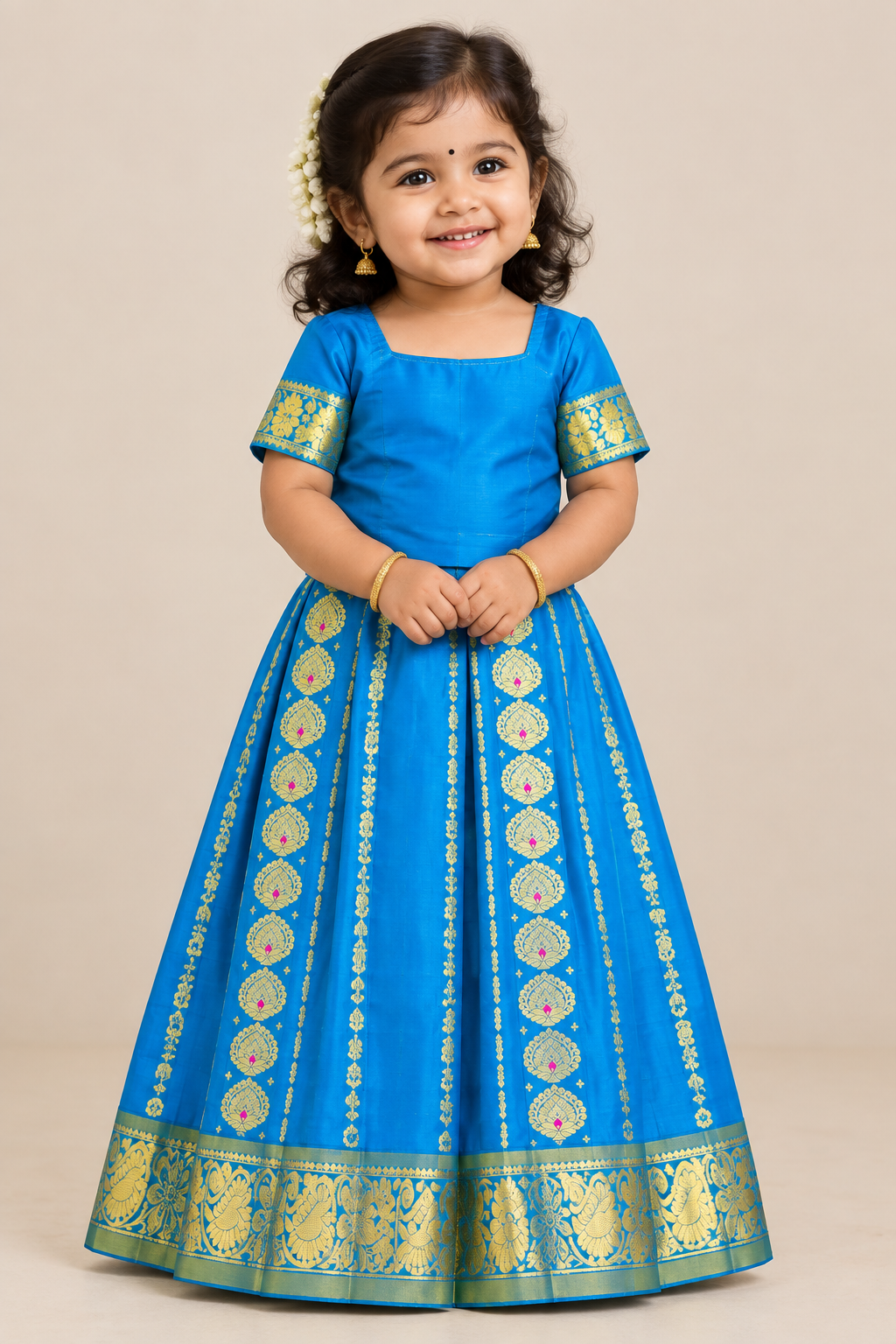 Sky Blue Shade Semi silk Kids Pattu Pavadai with Contrast border for age 5 to 10
