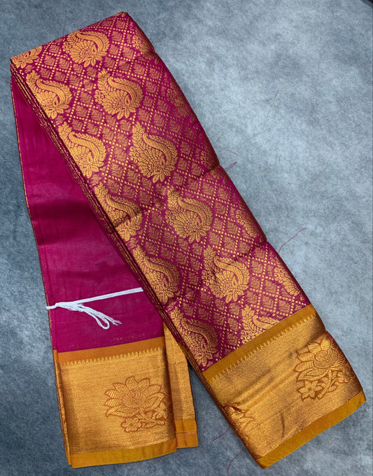 Vegan Silk Saree Pink Colour with Copper and Golden Yellow Border