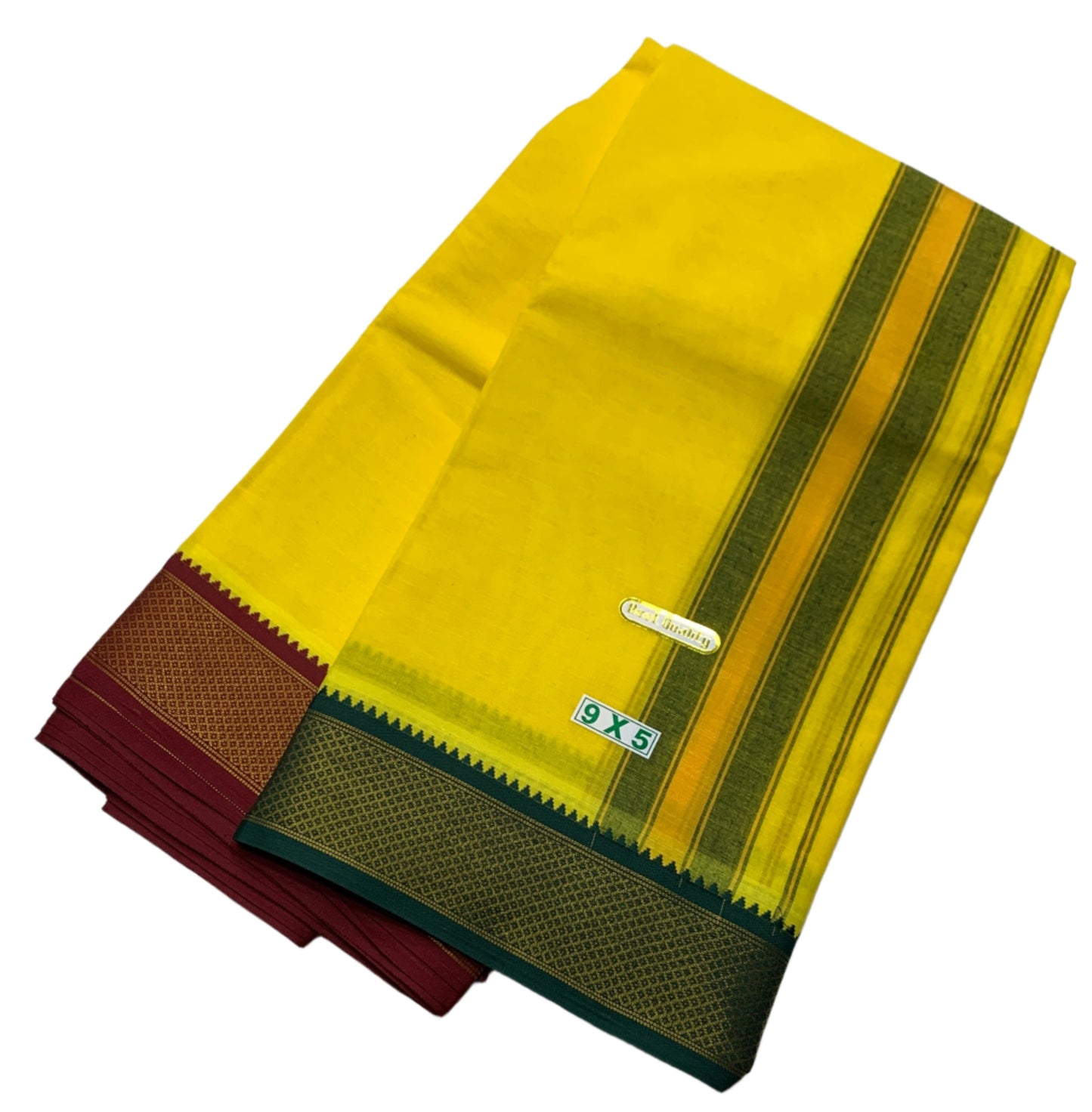 9X5 Cotton Dhoti Yellow Green and Maroon Zari Border with Angavastram
