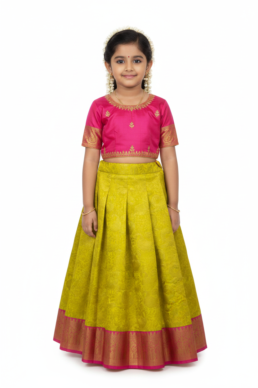 Yellow Shade Pure Kanchipuram Kids Pattu Pavadai with Contrast Border for Age Above 10 Years