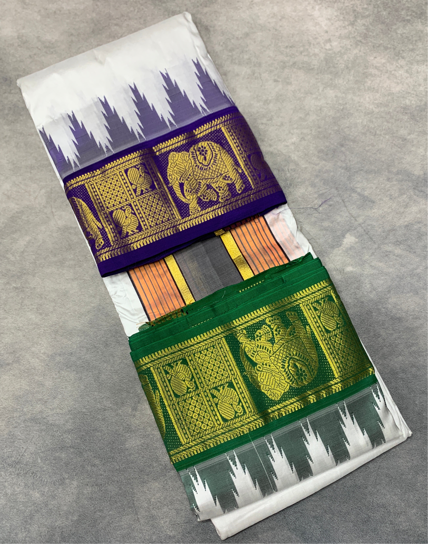 10X6 Pure Silk Dhoti White Colour with Purple and Green Colour Border