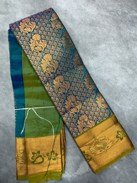 Vegan Silk Saree Rama Green Colour with Copper and Light Green Border