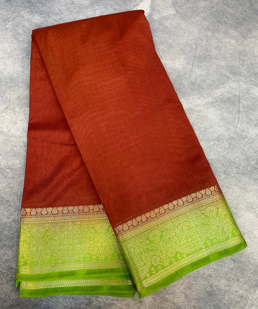 Crepe Saree Maroon Colour with Olive Green Border