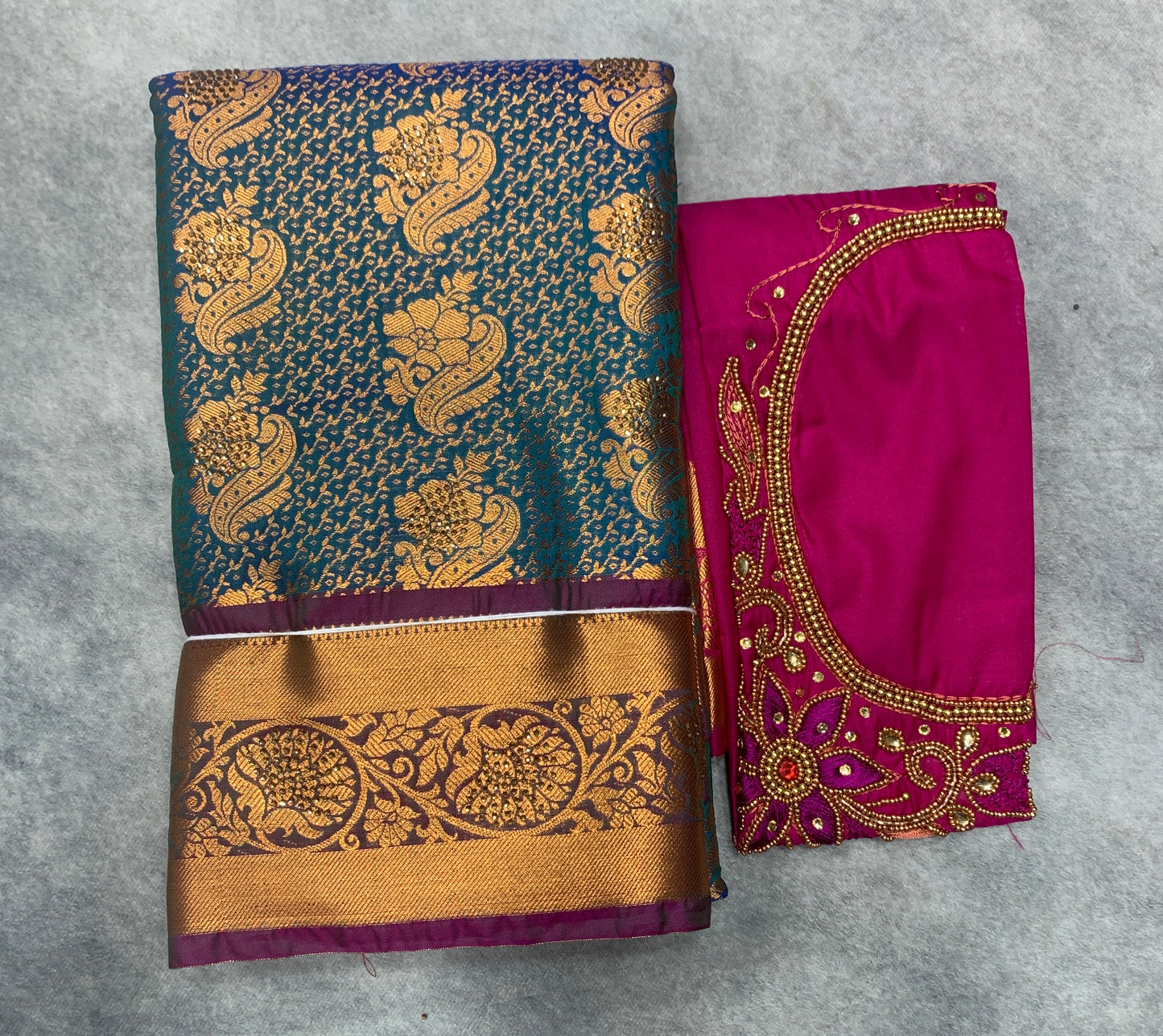 Bridal Vegan Silk Saree Peacock Blue shade with Purple Border with Unstitched blouse in Aari Work