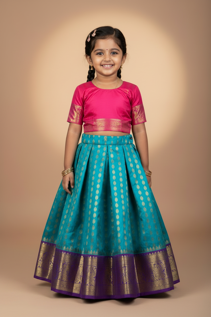 Sky Blue Shade Pure Kanchipuram Kids Pattu Pavadai with Contrast Border for Newborn to 2 Years