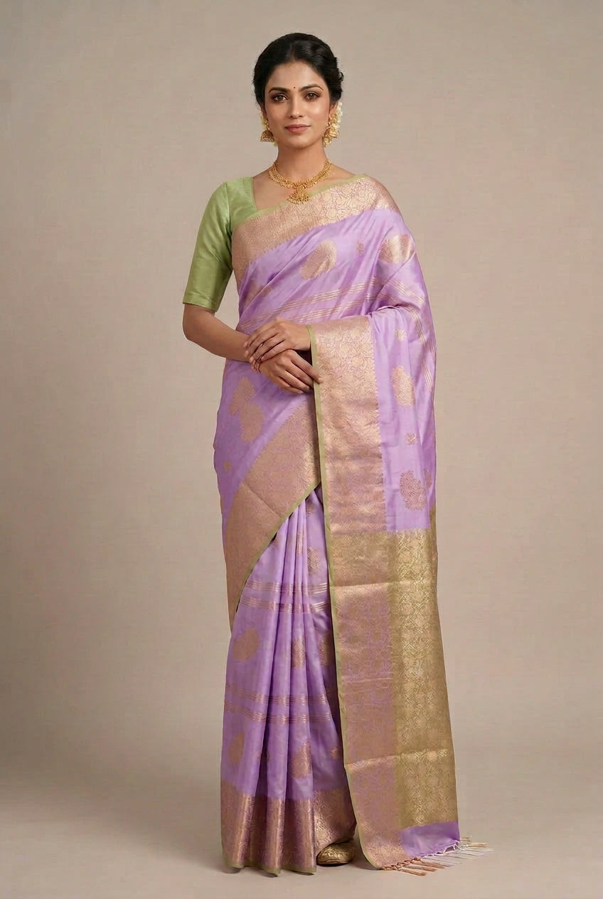 Art Silk Saree Lavender Colour with Sliver Zari Border