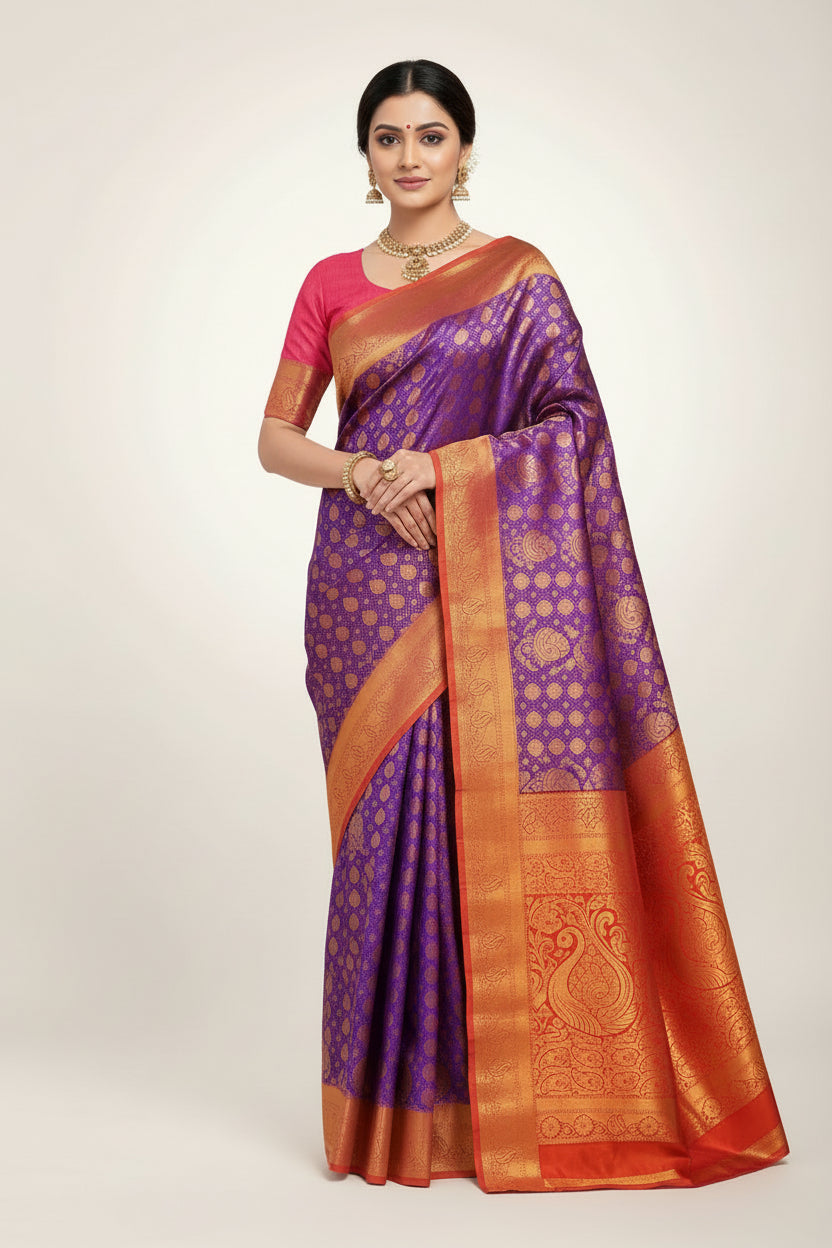 Vegan Silk Saree Violet Colour with Magenta and Copper Border