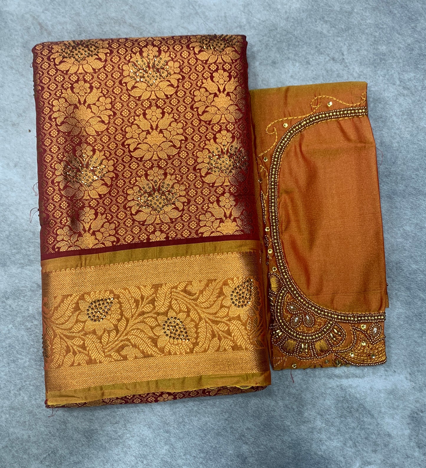 Bridal Vegan Silk Saree Maroon shade with Golden Yellow Border with Unstitched blouse in Aari Work