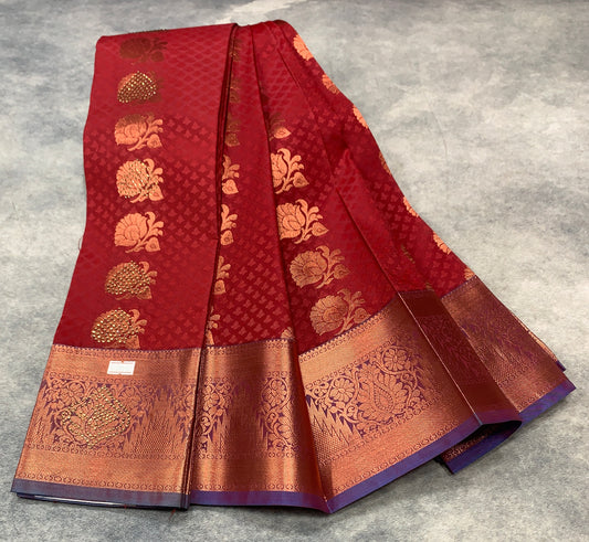 Vegan Silk Saree Maroon Colour with Copper Floral Design Border