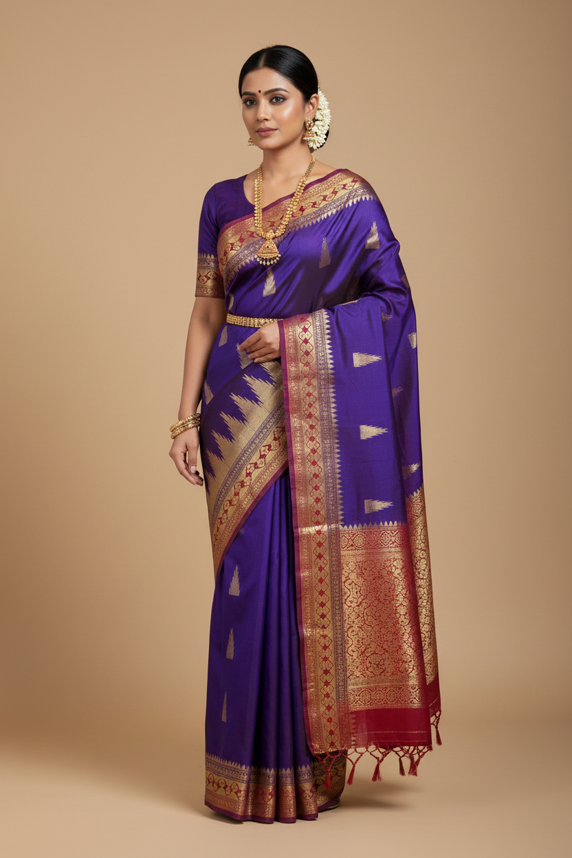 Pure Kanchipuram Silk Blue Colour Saree with Red Border