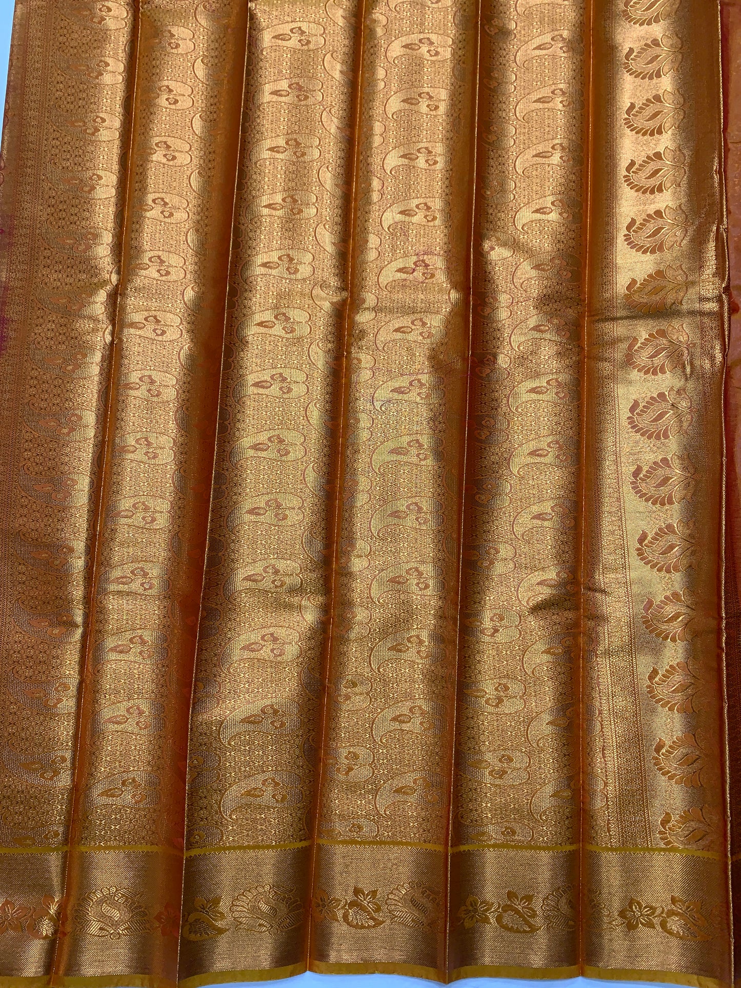 Vegan Silk Saree Pink Colour with Copper and Golden Yellow Border