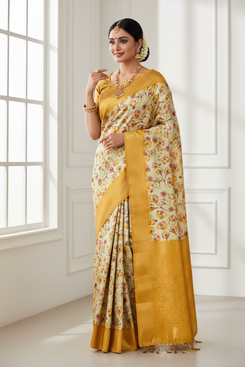 Digital Print Silk Saree Golden Yellow Colour with Floral Pattern
