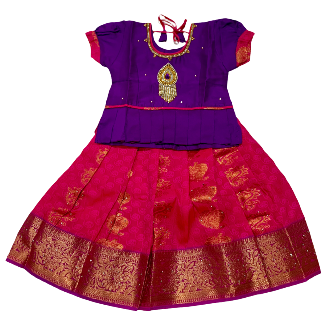 Ready To Wear Pink Pavadai with contrast Violet Blouse – Kumaran Silk