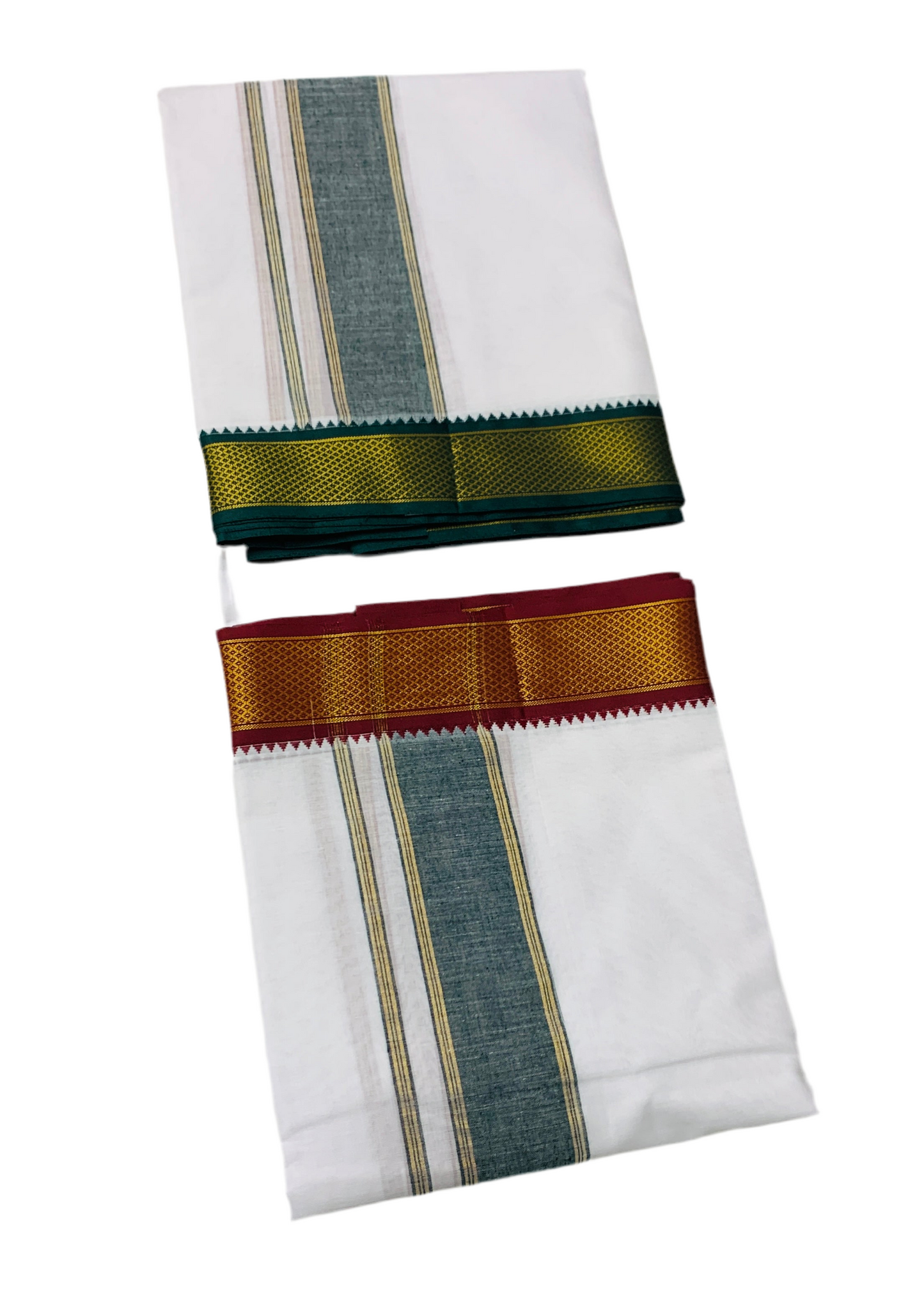 9X5 Cotton Dhoti White Green and Maroon Zari Border with Angavastram