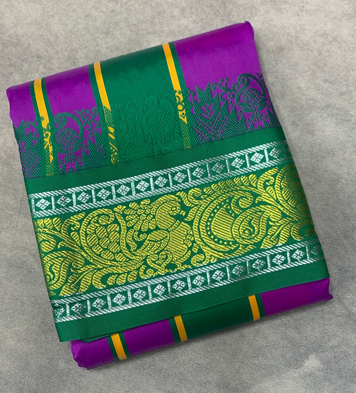 Art Silk Dhothi 9X5 Magenta Colour with Green and Red Colour Ganga Jamuna Border