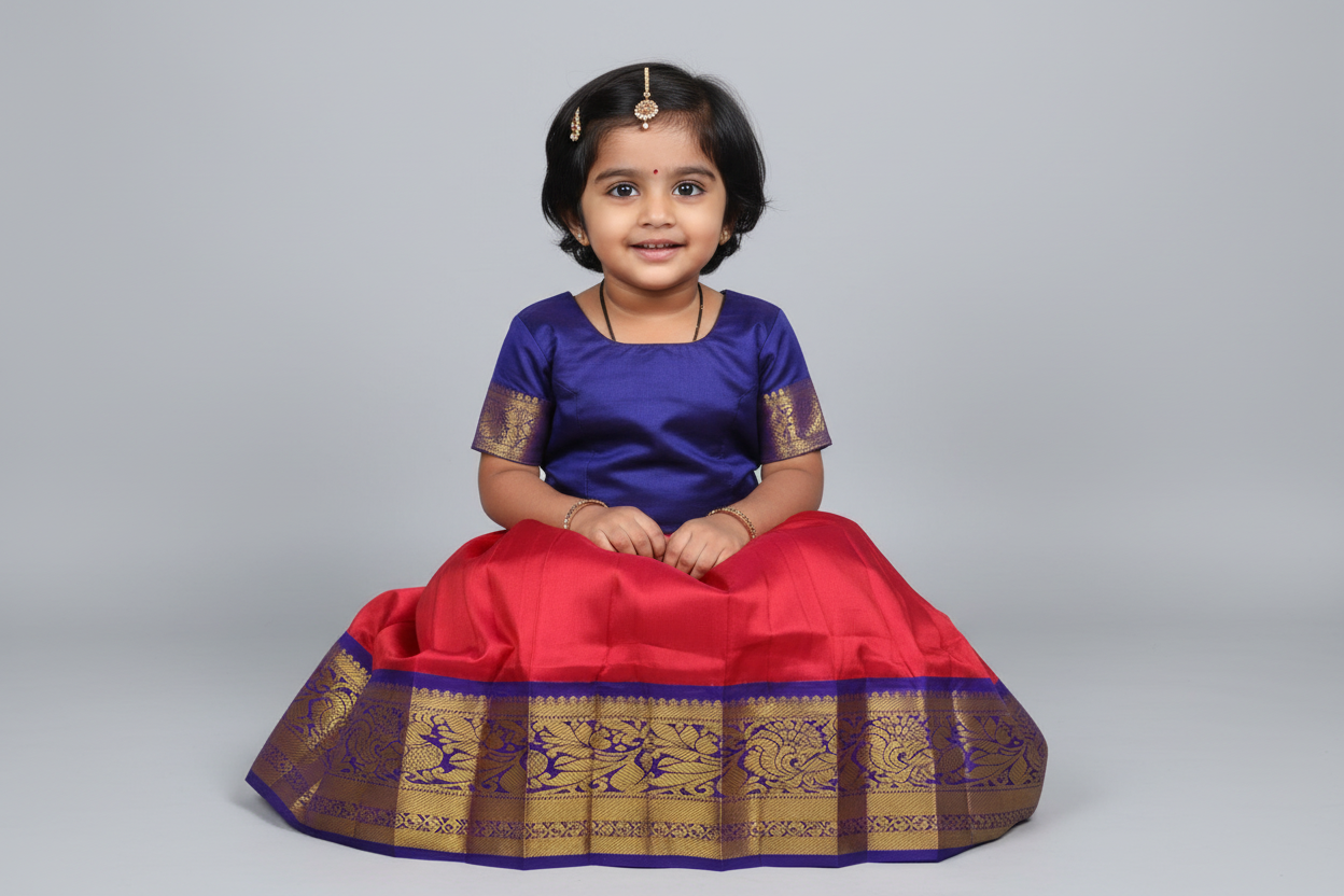 Red shade Pure Kanchipuram Kids Pattu Pavadai with Contrast Border for Newborn to 2 Years