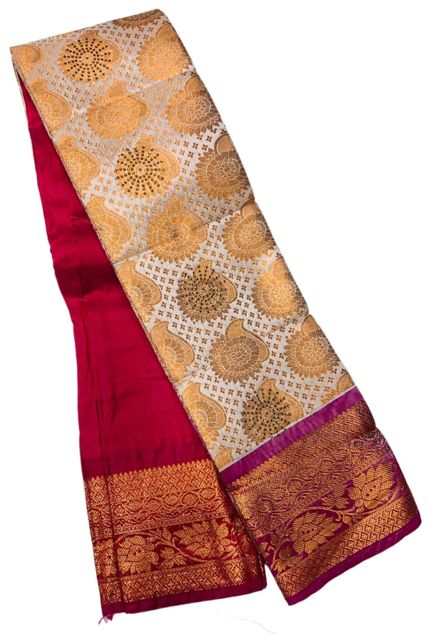 Vegan Silk Saree Off White Colour with Copper and Pink Border