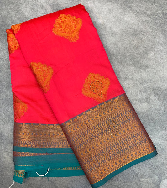 Soft Silk Casual Saree Peach Pink Colour with Rama Green and Golden Colour Border