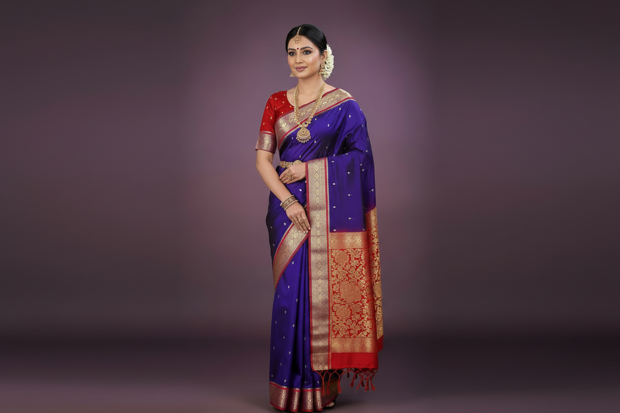 Blue Colour Saree with Golden and Red Border