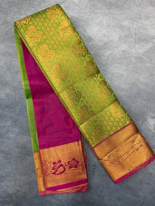 Vegan Silk Saree Apple Green Colour with Copper and Pink Border