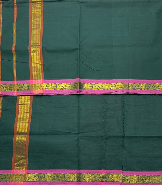 Chettinad Cotton Saree Dark Green Colour with Pink Border