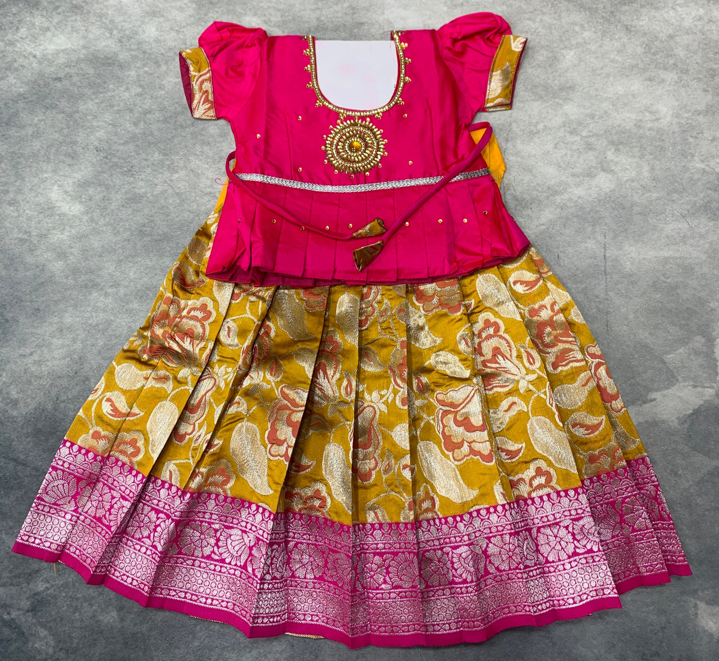 Ready To Wear Golden Yellow Pavadai with Contrast Pink Blouse