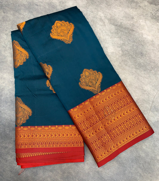 Soft Silk Casual Saree Dark Blue Colour with Maroon and Golden Colour Border