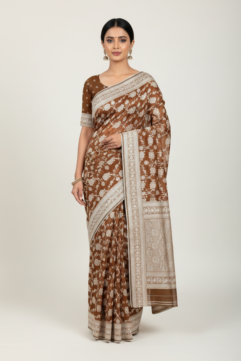 Banaras Katan Saree Brown Colour with Katan Work Border