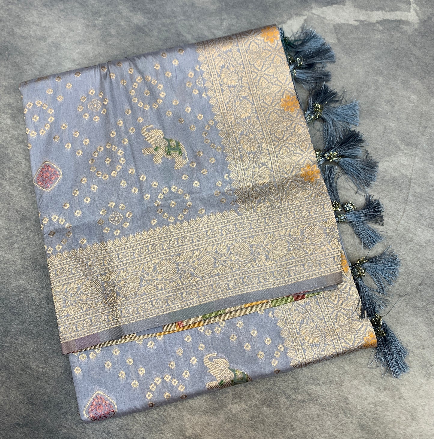 Banaras Soft Silk Saree Gray Colour with Sliver Colour Floral Design Border