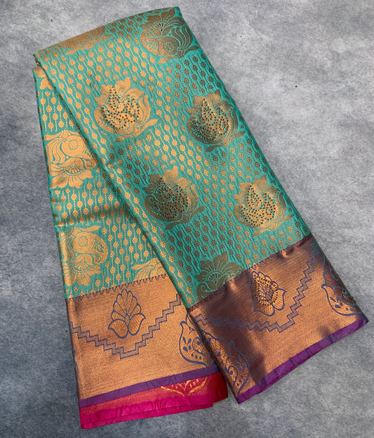 Vegan Silk Saree Sapphire Colour with Copper and Magenta