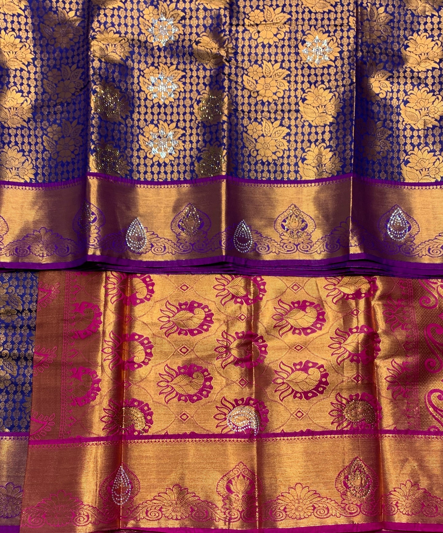 Vegan Silk Saree Blue Colour with Copper and Magenta Border