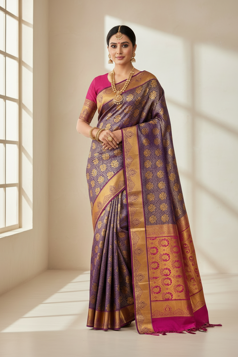 Vegan Silk Saree Blue Colour with Copper and Magenta Border