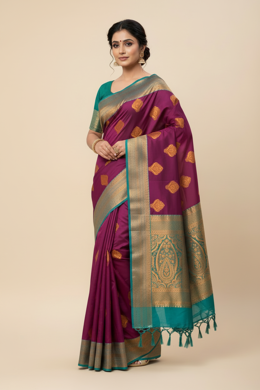 Soft Silk Casual Saree Beetroot Pink Colour with Rama Green and Golden Colour Border