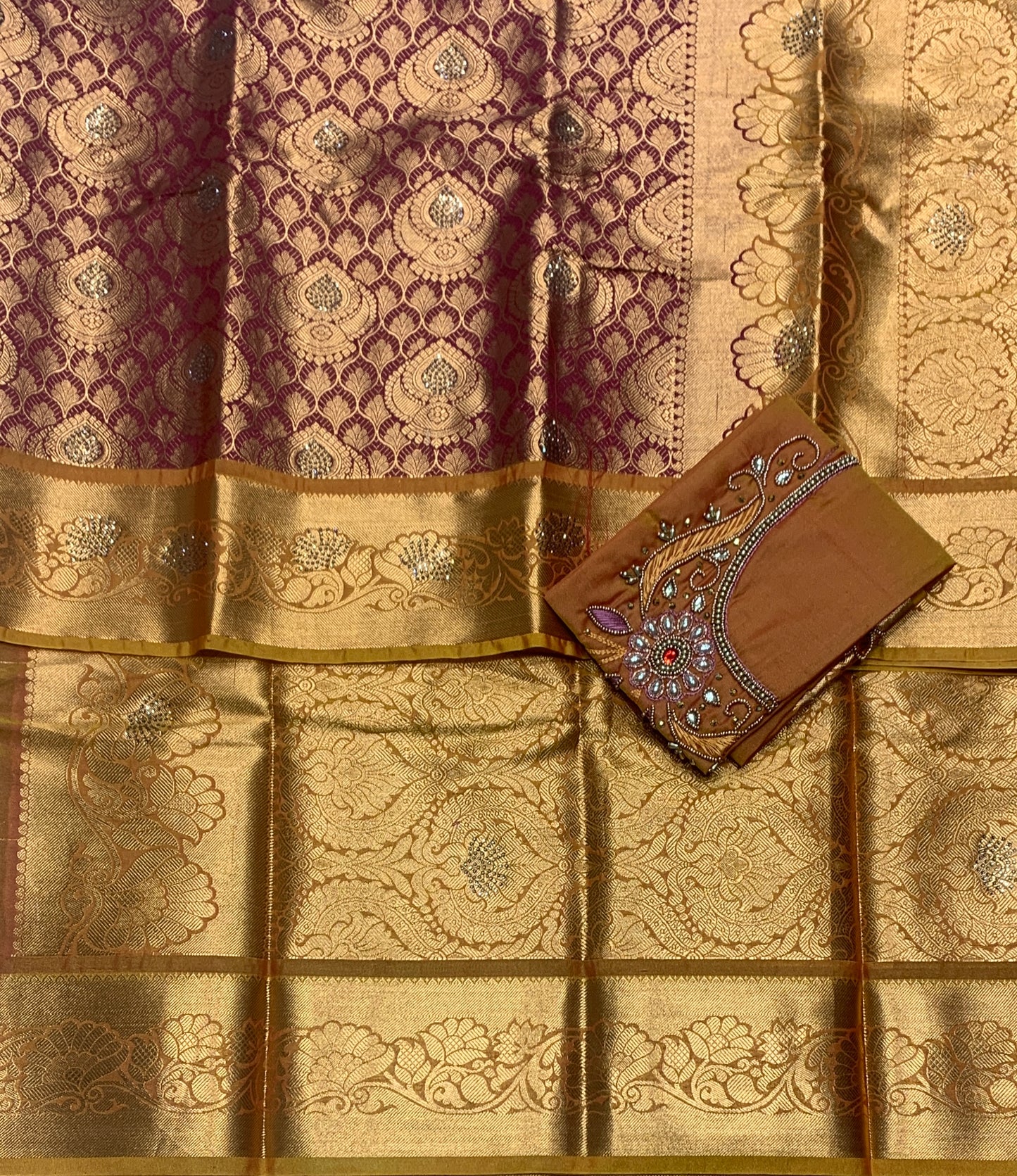 Bridal Vegan Silk Saree Maroon shade with Golden Yellow Border with Unstitched blouse in Aari Work