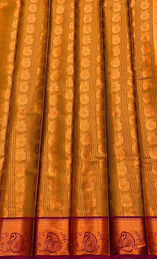 Vegan Silk Saree Golden Yellow Colour with Copper and Pink Border