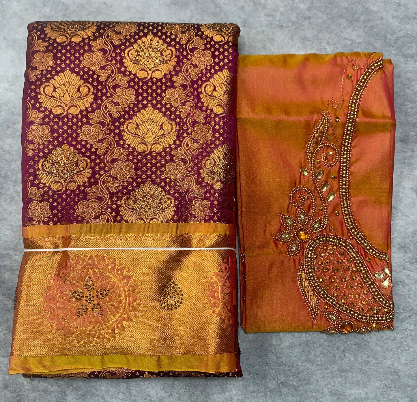 Bridal Vegan Silk Saree Beetroot Pink shade with Golden Yellow Border with Unstitched blouse in Aari Work