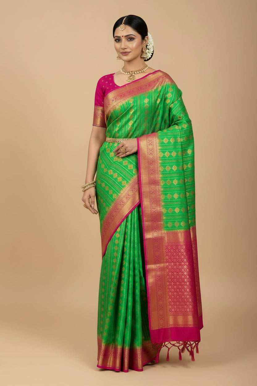 Vegan Silk Saree Light Green Colour Saree with Pink Colour Contrast Border