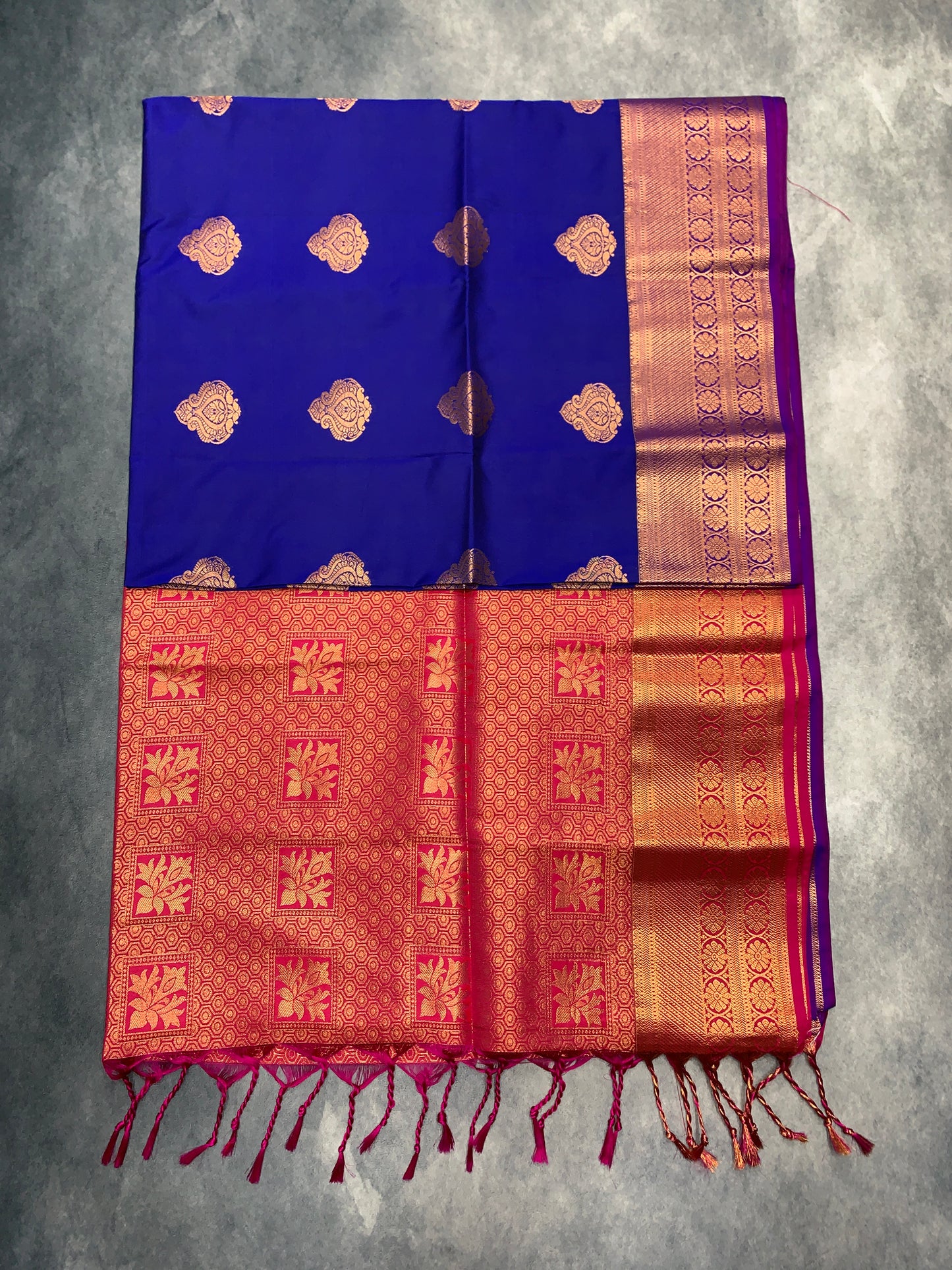 Soft Vegan Silk Saree Blue Colour with Pink and Copper Border