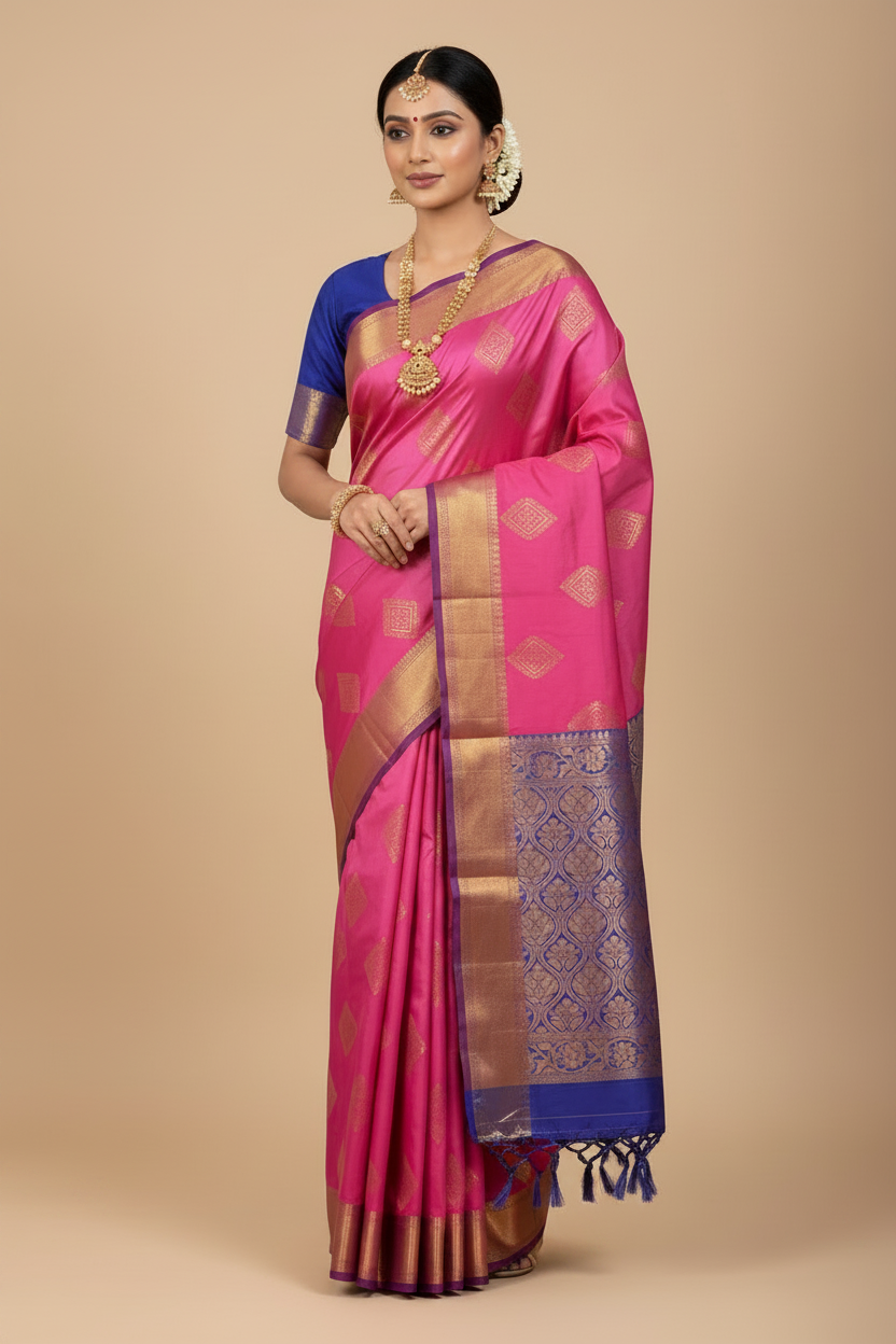 Soft Vegan Silk Saree Pink Colour with Copper Border