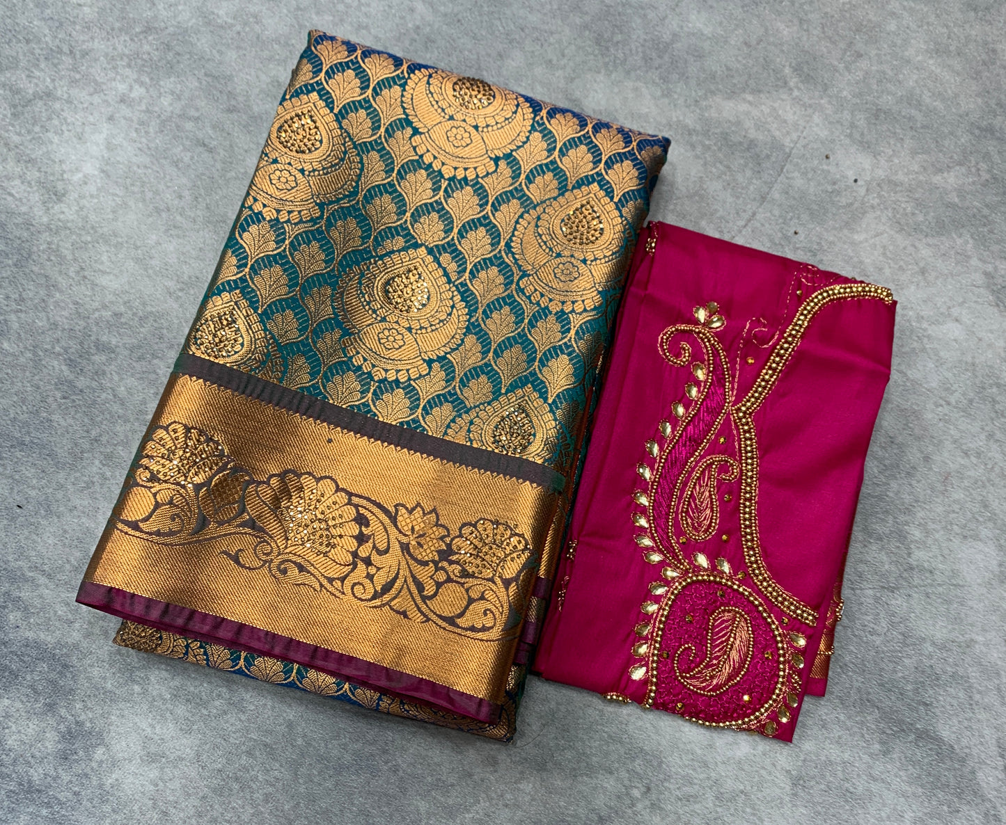Bridal Vegan Silk Saree Rama Blue Colour with Pink Border with Unstitched blouse in Aari Work