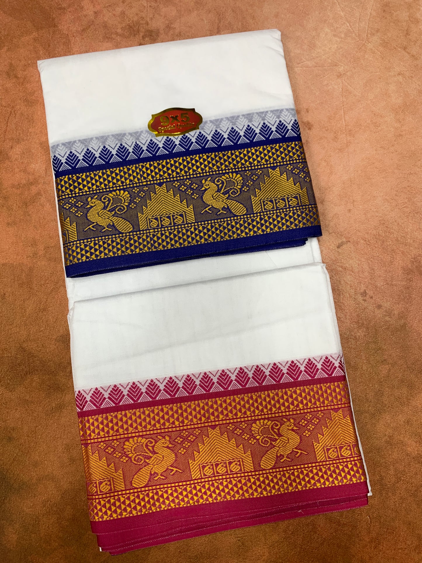 9X5 Cotton Dhoti White with Blue and Pink Ganga Jamuna Border