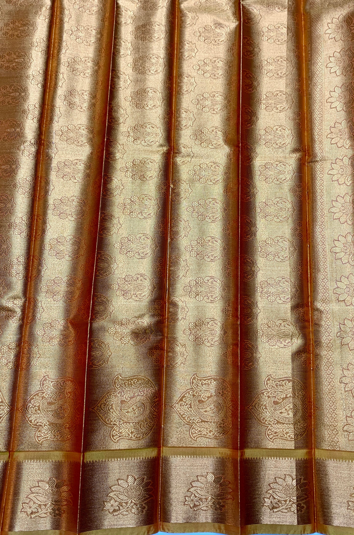 Vegan Silk Saree Pink Colour with Copper and Golden Yellow Border