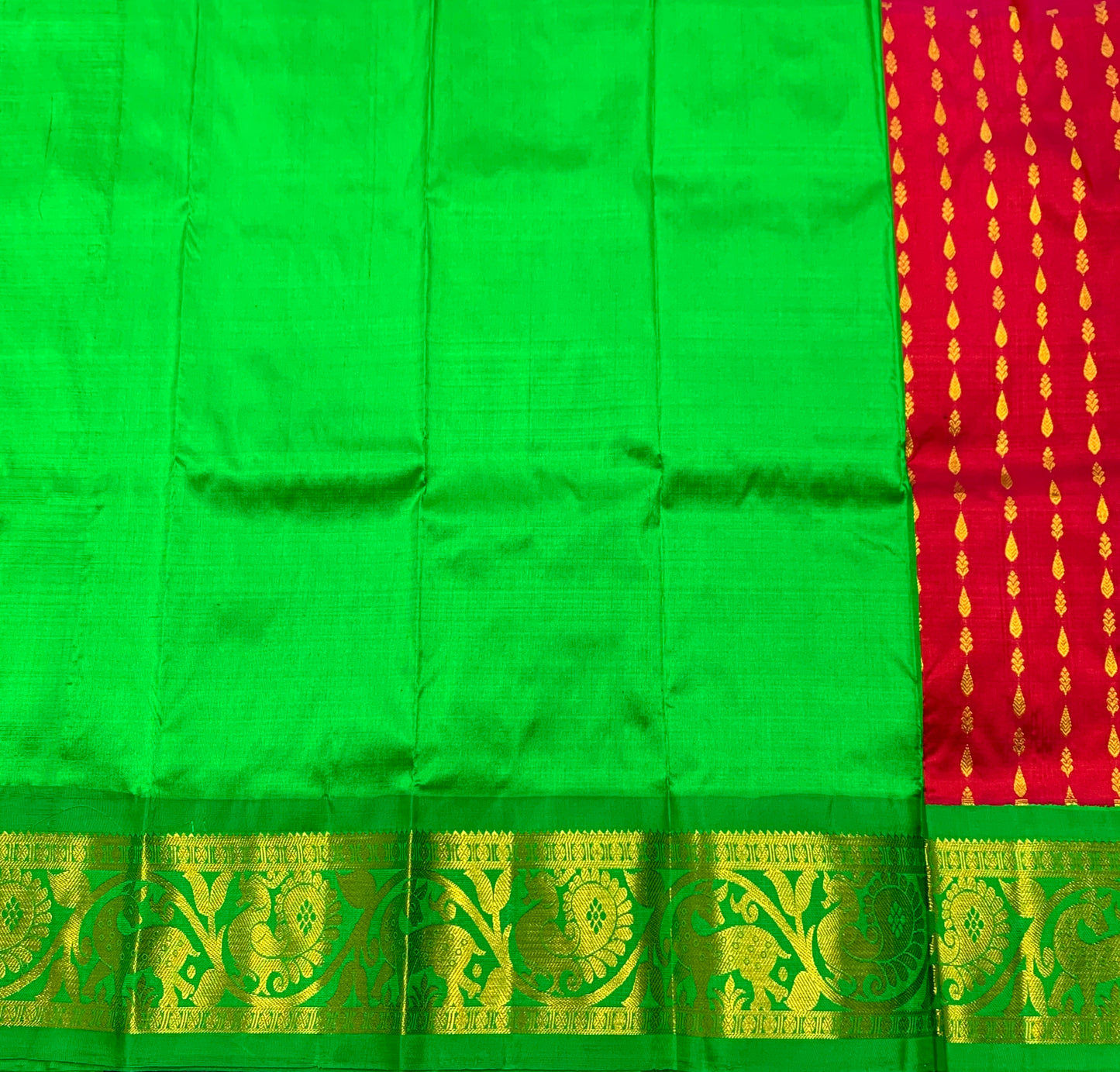Red Shade Pure Kanchipuram Kids Pattu Pavadai with Contrast Border for Newborn to 2 Years