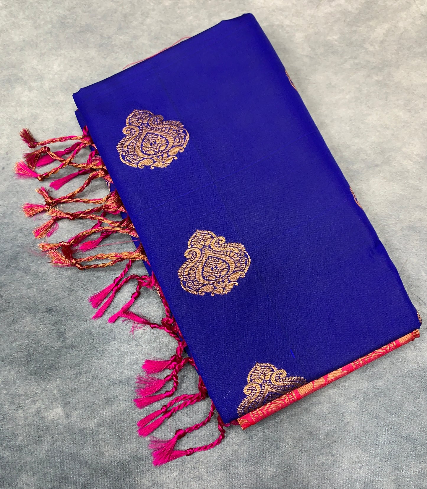 Soft Vegan Silk Saree Blue Colour with Pink and Copper Border